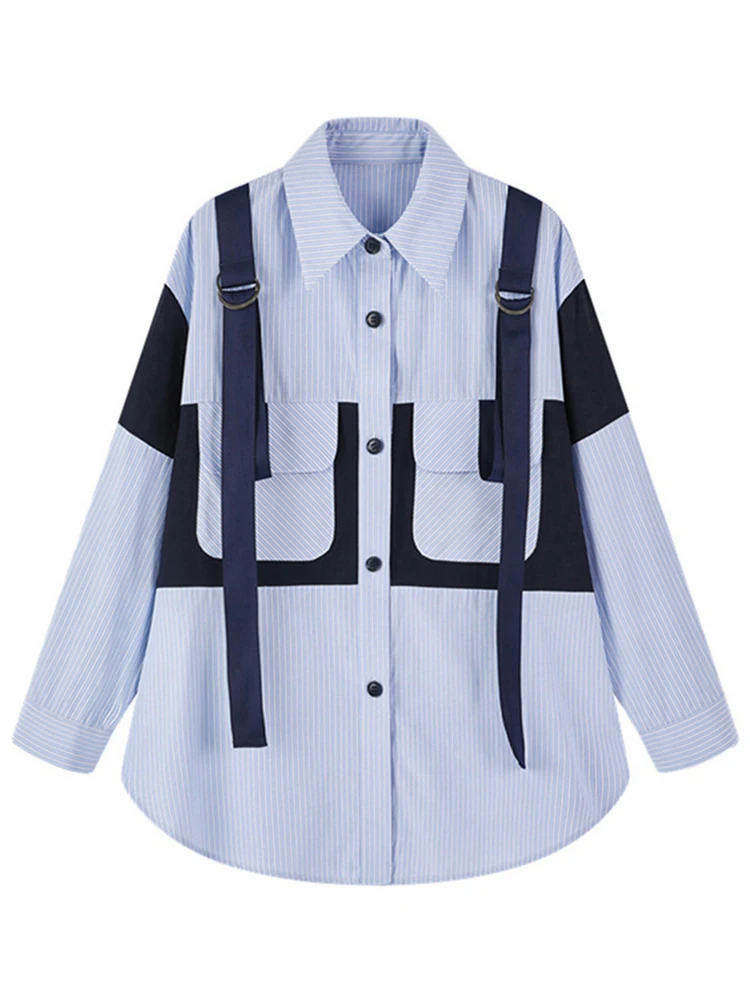

Big Pocket Spliced Blouse Women Blue Striped New Lapel Ladies Tops Long Sleeve Loose Fit Shirt Fashion Spring Autumn 2022