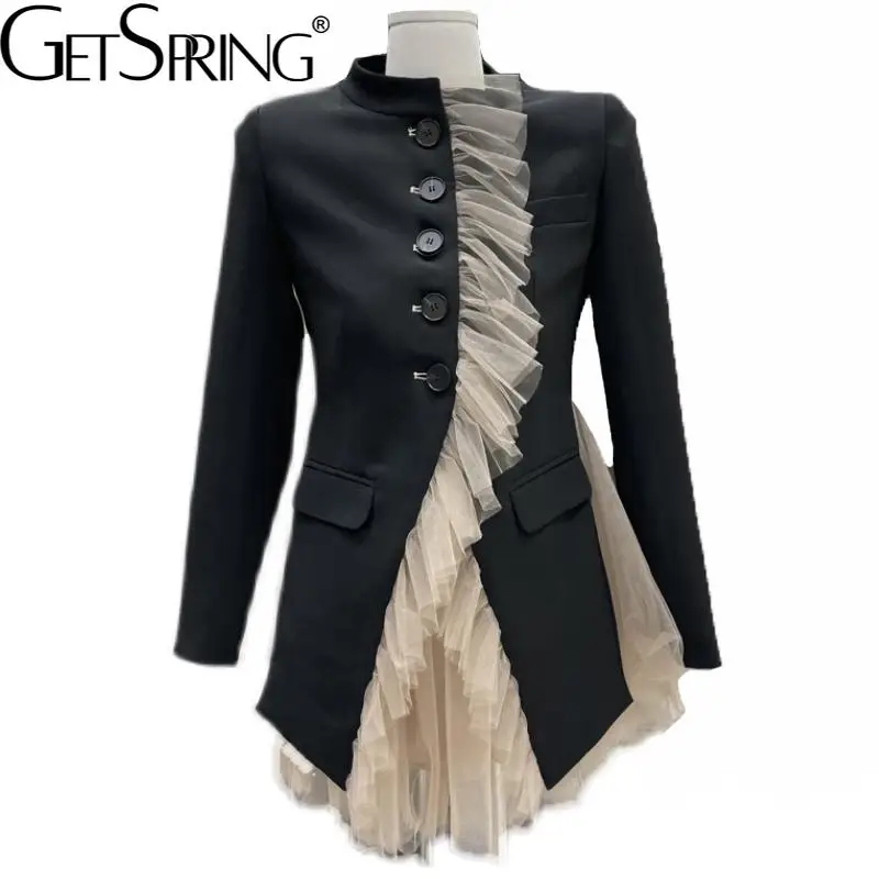 

GetSpring Women Blazer Mesh Stitched Stand Collar Single Breasted Long Sleeve Ladies Black Suit Coat Jacket Top 2022 New Arrival