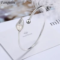 fanqieliu s925 stamp silver color bangles for woman vintage leaf pearl cuff bracelet trendy jewelry girl gift new fql22162