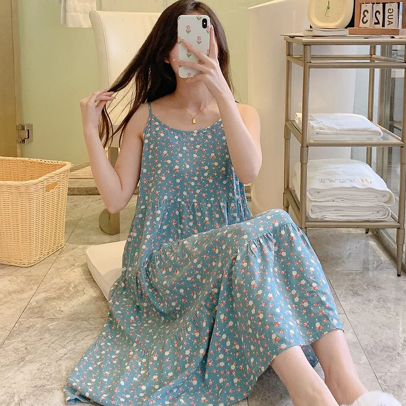 

Women's Thin Cotton Nightgown Long Slip Sleep Dress Summer Loose Sleepwear Floral Print Nightwear Nightdress Casual Home Clothes