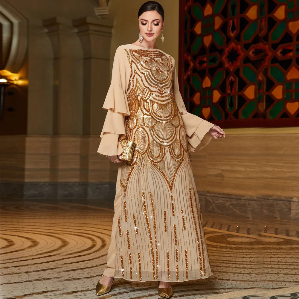 Women's Chiffon Gold Multi-Layer Frill Sleeve Positioning Spangled Embroidered Dress Turkish Indian Abaya Arab Party Dress