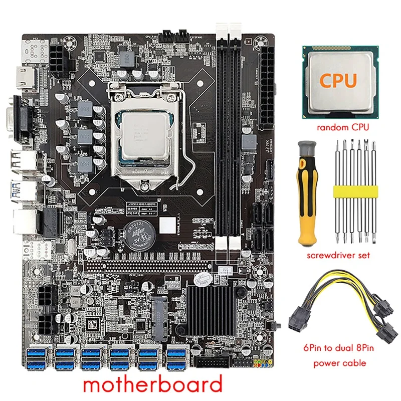

AU42 -B75 12 GPU BTC Mining Motherboard+CPU+Power Cable+Screwdriver 12X USB3.0 To PCIE Slot LGA1155 DDR3 RAM SATA3.0 ETH Miner