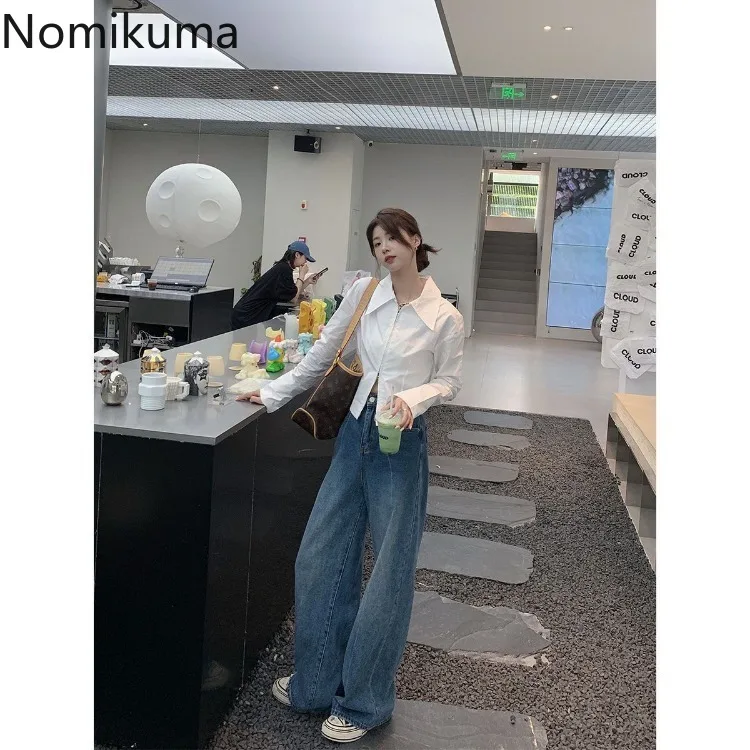 Женская блузка на молнии с длинным рукавом Повседневная Белая Туника в Корейском