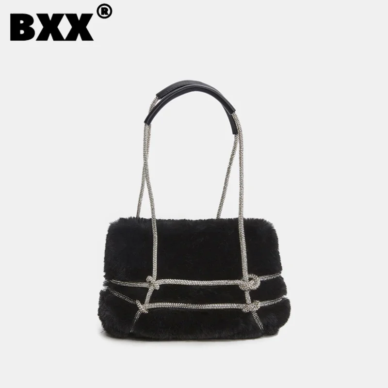 

[BXX] Vintage Diamonds Fur Chain Single Shoulder Handbag Versatile Two Belt Simple Trendy Female Elegant Bags 2023 New 8CY376