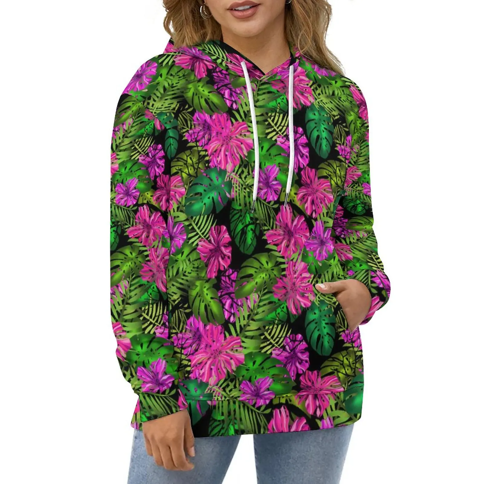 

Женская толстовка с капюшоном, Повседневный пуловер большого размера с длинным рукавом и Тропическими Цветами, с принтом растений