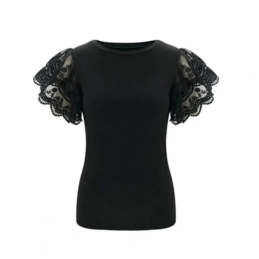 

Женская Кружевная футболка, летние повседневные футболки с оборками и коротким рукавом, элегантные Лоскутные облегающие Женские однотонны...