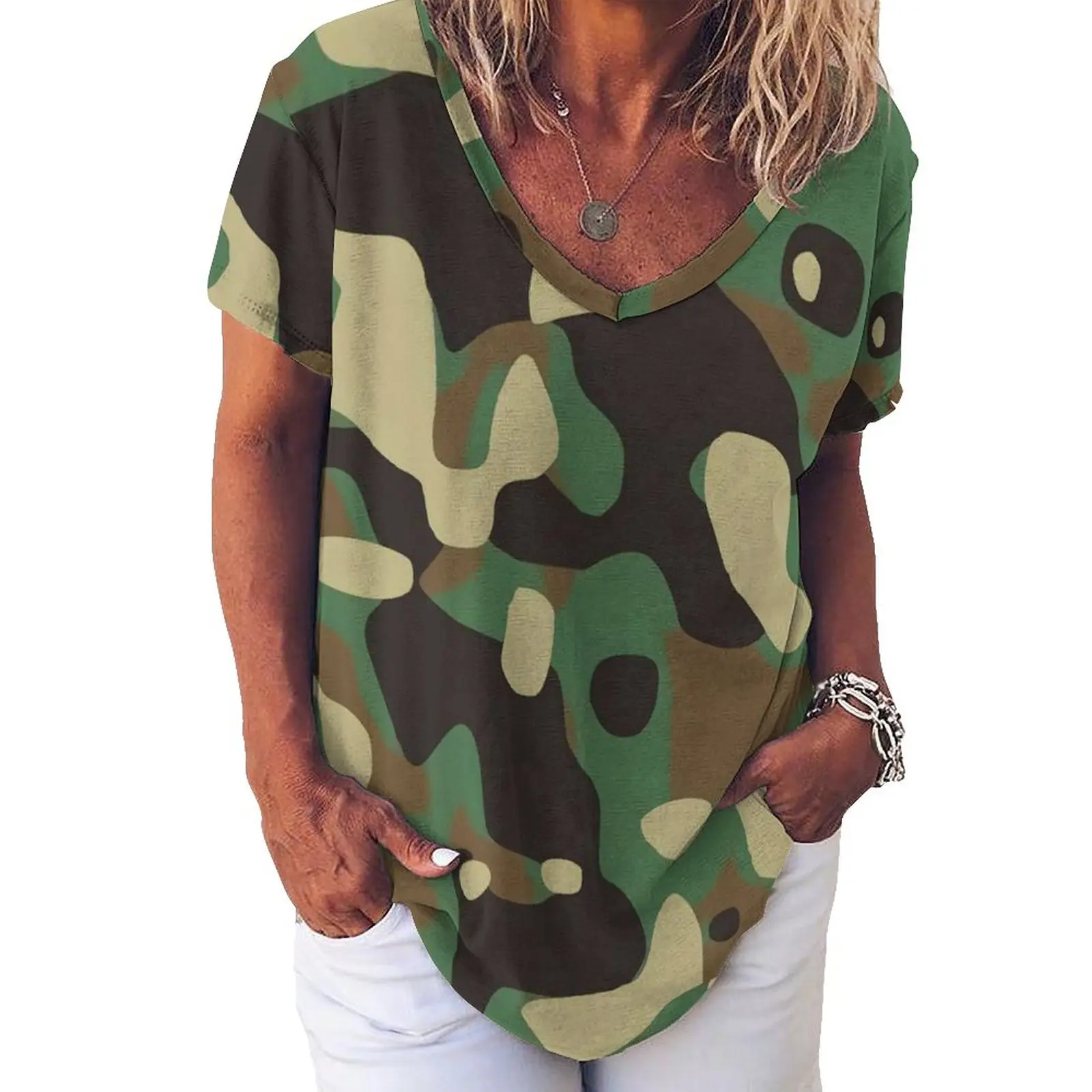 

Military Camo T-Shirt Cool Gift Sloth Camouflage Aesthetic Oversized T-Shirts Short Sleeve V Neck Casual Tees Summer Clothes