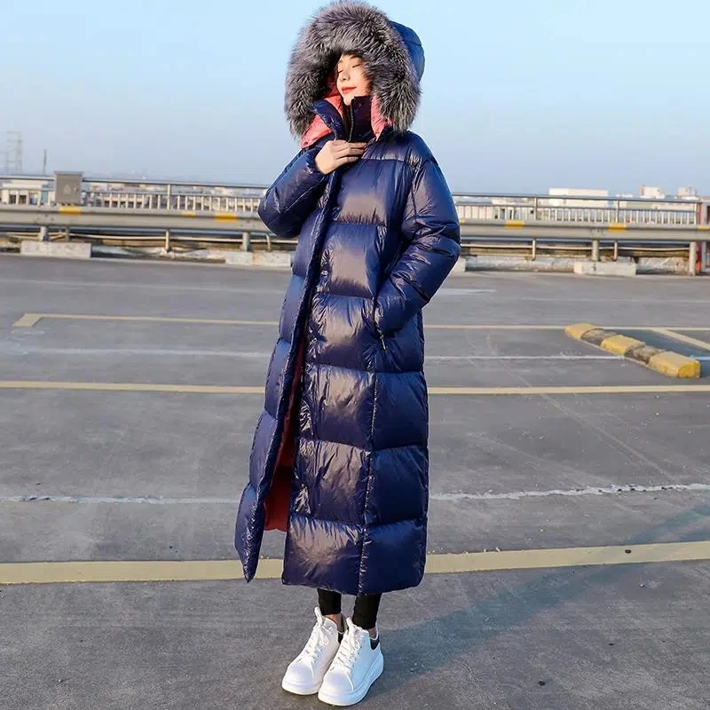Down Cotton Jacket Women 2022 Winter Loose Shiny Fashion Casual Padded Coat Female Long Over Knee Thick Fur Collar Warm Parkas