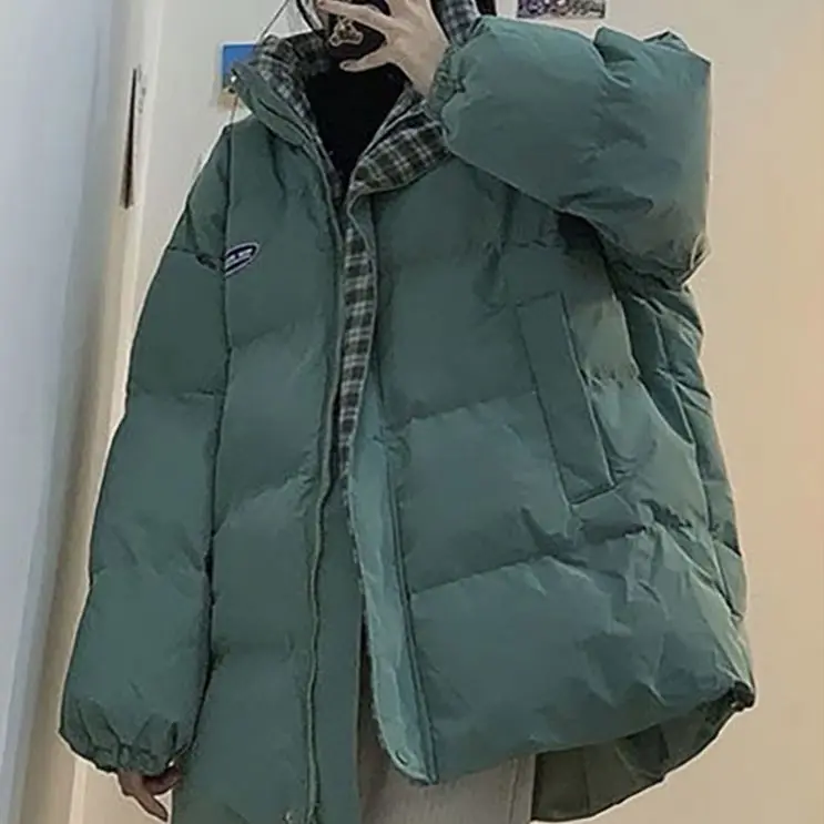 2022 Winter Fashion Parka Coat Women'S Plaid Patchwork Street Harajuku Warm Casual Jacket Loose Simple High Collar