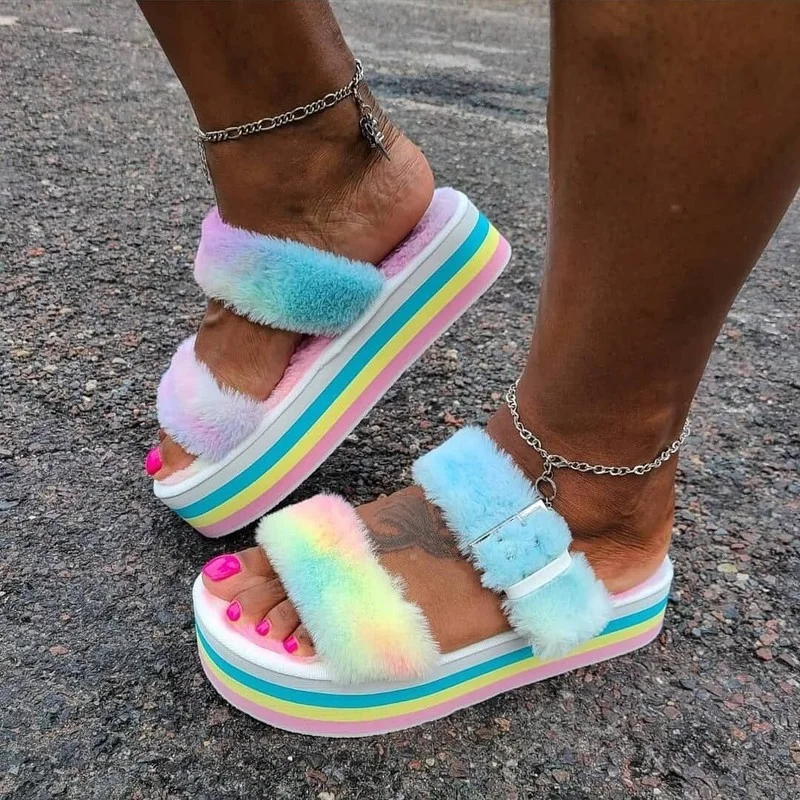 

2022 Women's Slippers Rainbow Color Thick Sole Autumn Fashion Fluffy Shoes Fur Thick Sole Slippers Large Size 43 Women's Shoes
