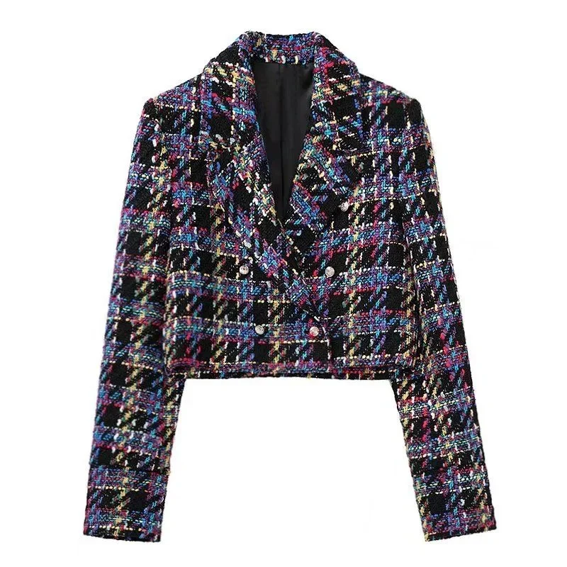 Женский твидовый блейзер в клетку, короткая верхняя одежда, модный пиджак с длинным рукавом, Индивидуальный Женский маленький пиджак, пальто, верхняя одежда на весну