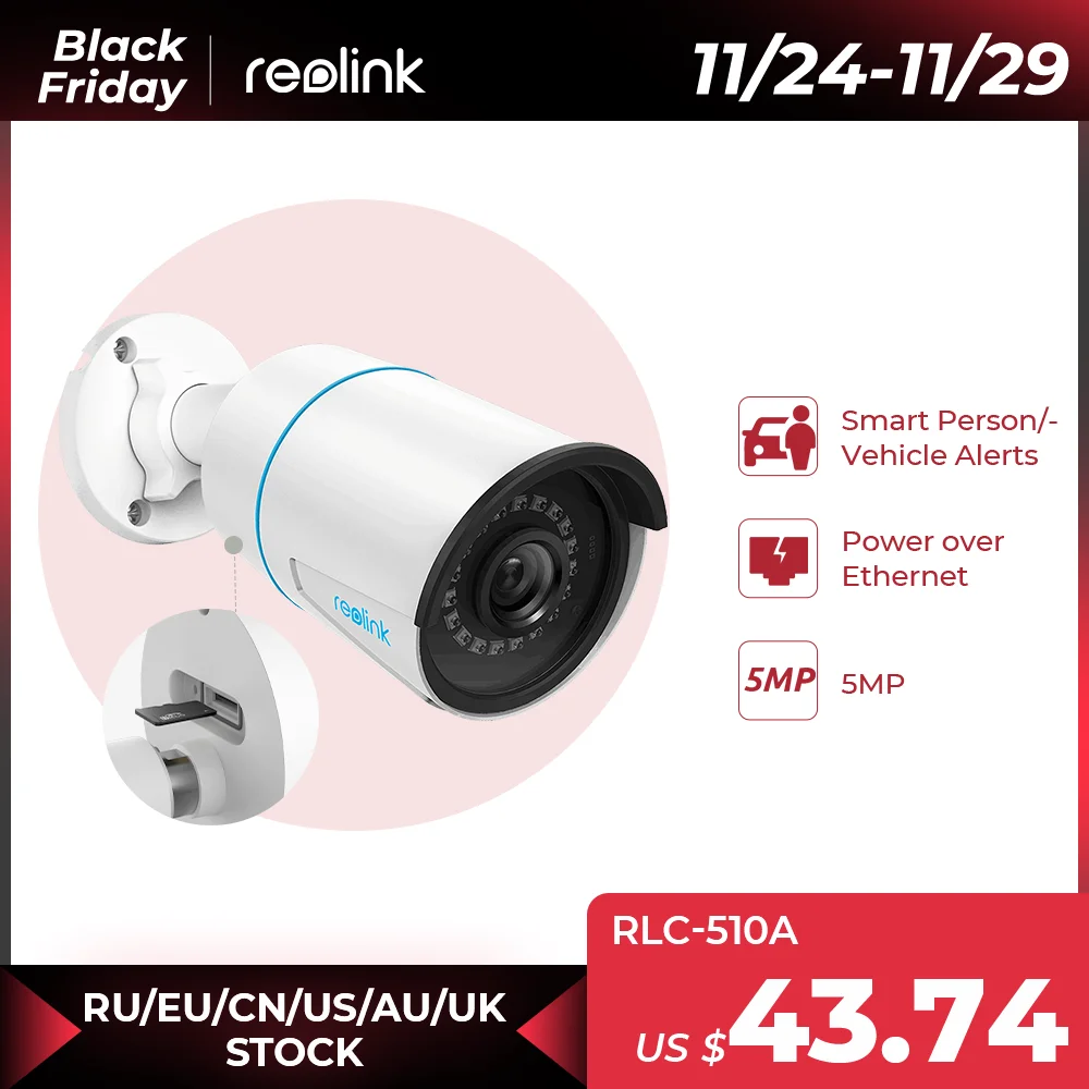 

Reolink human/car AI PoE IP Camera 5MP IP66 Waterproof Infrared Night Vision Outdoor Camera Security Video Surveillance RLC-510A