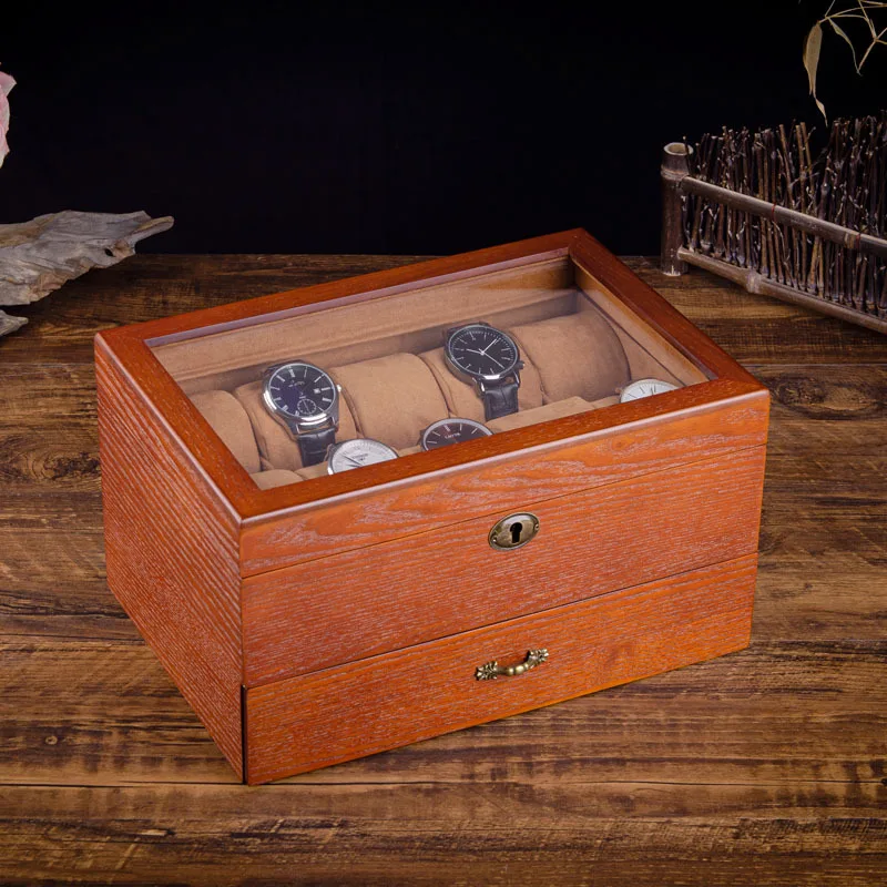 European and American style watch jewelry jewelry glasses collection display box with lock skylight solid wood watch storage box