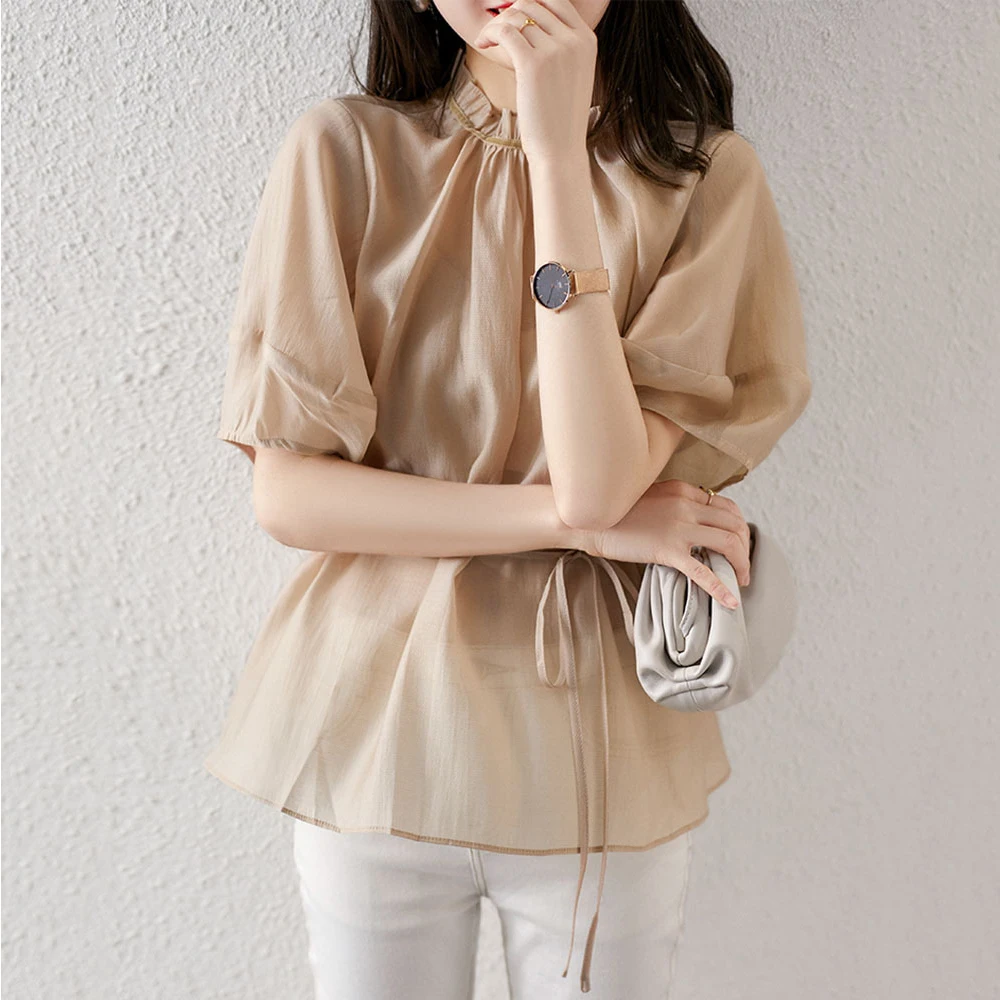 

Women's Blouse Plain Lantern Sleeve Ruffled Collar Standard 2022 Summer New Korea Style Fashion Slim Short Sleeve Chic Top Shirt