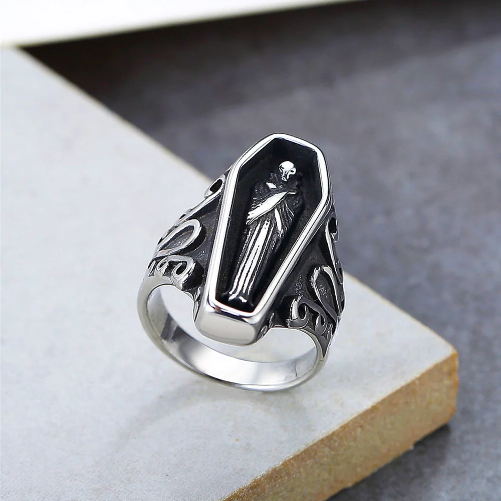 

Punk 316L Street Black Stainless Steel Coffin Ring For Men Boy Gothic Vampire Skull Rings Retro Biker Jewelry Gift Wholesale