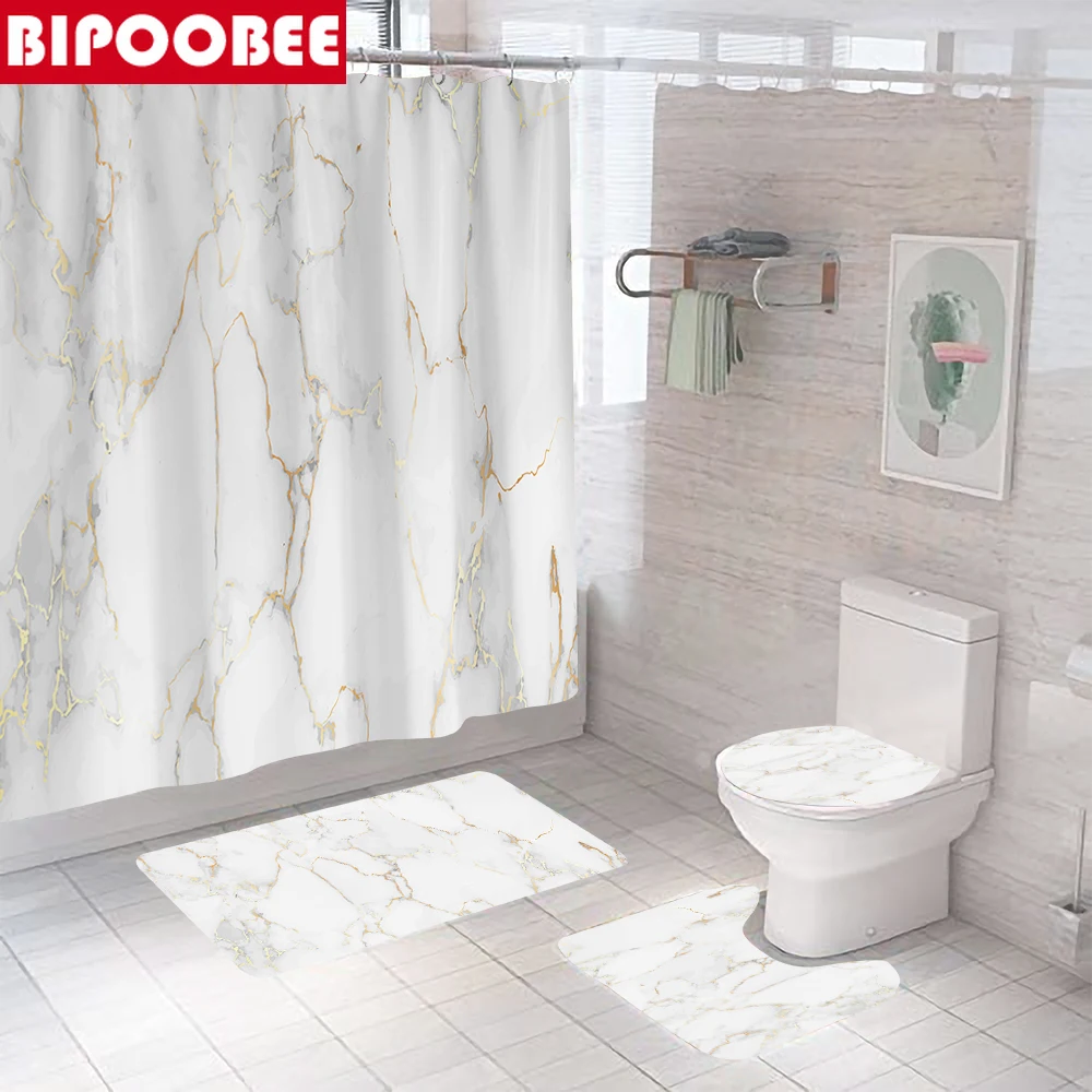 

White Stone Grain Bathroom Curtains Marble Crack Shower Curtain Bath Mats Set Toilet Cover Lid Non-slip Carpet Pedestal Rugs