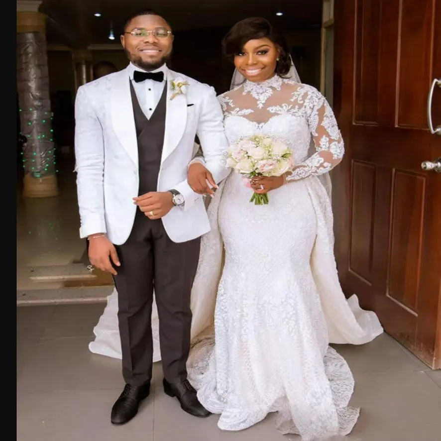 

Свадебное платье с высокой горловиной и кружевной аппликацией в африканском стиле, платье со съемным шлейфом и длинными рукавами, свадебны...