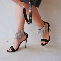 2022 new open toe sandals genuine leather womens shoes tassel rhinestone stiletto heel high heels sexy all matching