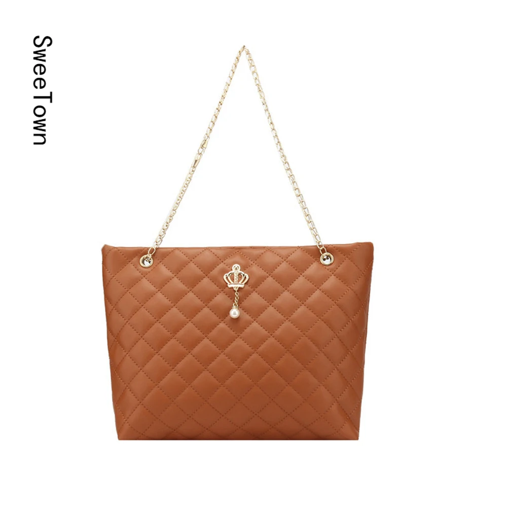 

Sweetown 2022 Lattice Pattern Big Shoulder Bags For Women Metal Chain Bag Soft Pu Leather Crossbody Large Capacity Tote Bags