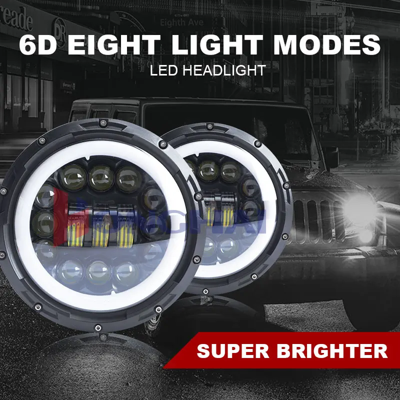

2PCS 7 inch Round Led Headlight Angel Eyes Super Bright High Low Beam Amber Yellow Turn Signal DRL Off Road H4 6D LED Headlamp