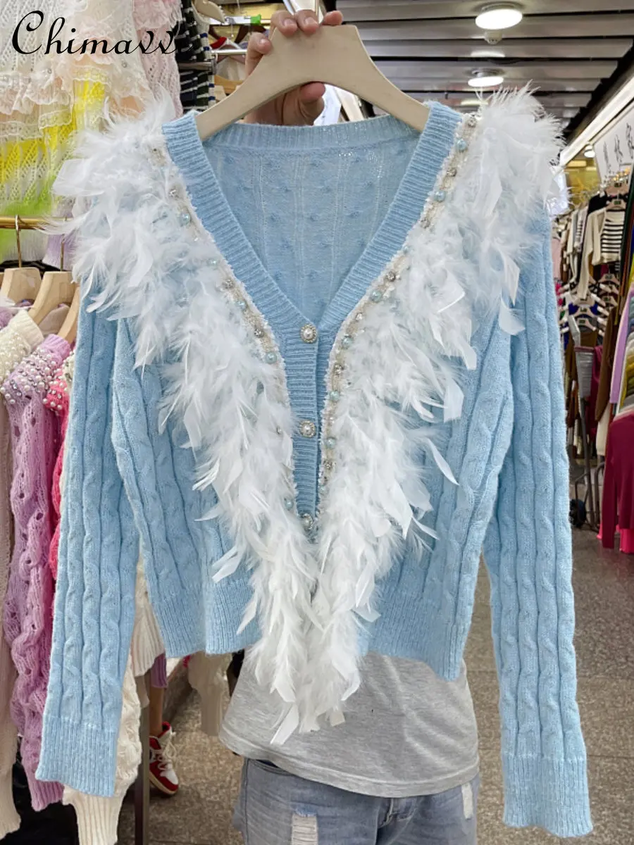 

Fashion Feather Stitching V-neck Knitted Cardigan for Female 2022 Autumn New Sweet Beads Rhinestones Sweater Coat Women