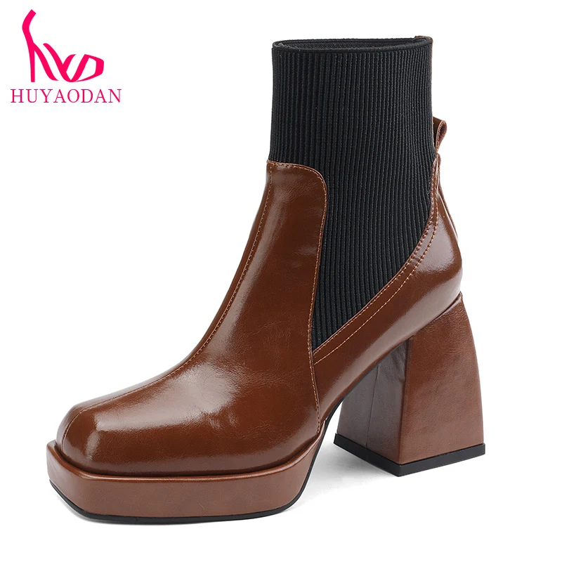 

2023 New Genuine Leather Autumn Winter Warm Ankle Boots Chunky High Heels Platform Shoes Black Brown Dress Party Office Lady 42