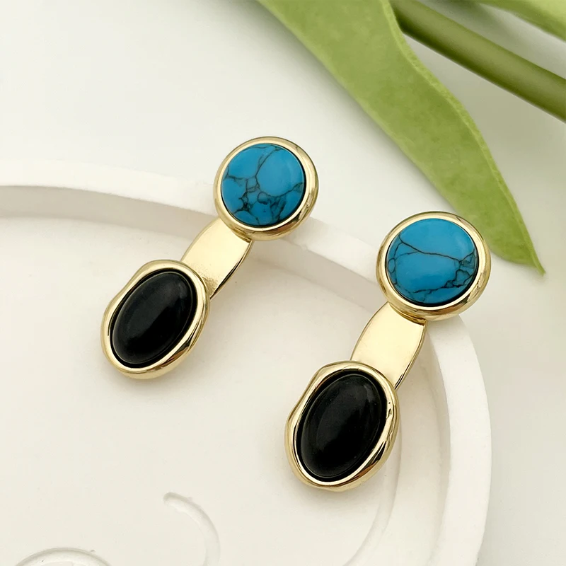

Premium Exquisite Inlaid Top Quality Blue Round And Black Oval Turquoise Stud Earrings Temperament Jewelry Women Girl