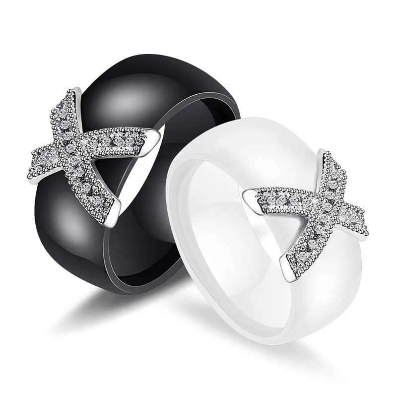 

KOTiK Fashion Jewelry Women Ring With AAA Crystal 8 mm X Cross Ceramic Rings For Women Wedding Party Accessories