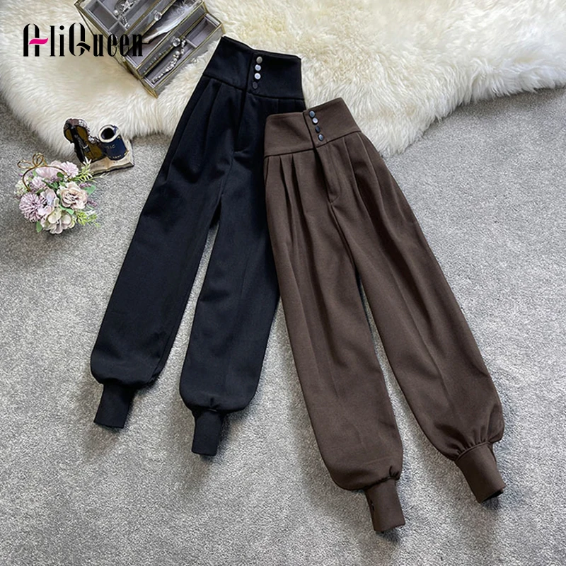 

Streetwear Women Spring Fall High Waisted Casual Harem Pants Korean Fashion Buttons Khaki Black Cargo Pant Vintage Long Trousers