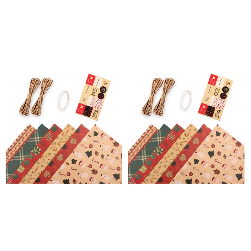 

Christmas Gift Wrapping Paper 12 Pcs,Kraft Paper 70X50CM With 6 Unique Designs,With Jute String And Tags