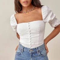 oeing tops women front buttons double puff short sleeve elegant blouse square neck back smocked fitted casual summer white top