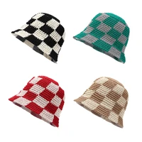 fashion checkerboard bucket hat women girls outdoor sunshade caps handmade crochet plaid knitted hats soft foldable basin cap