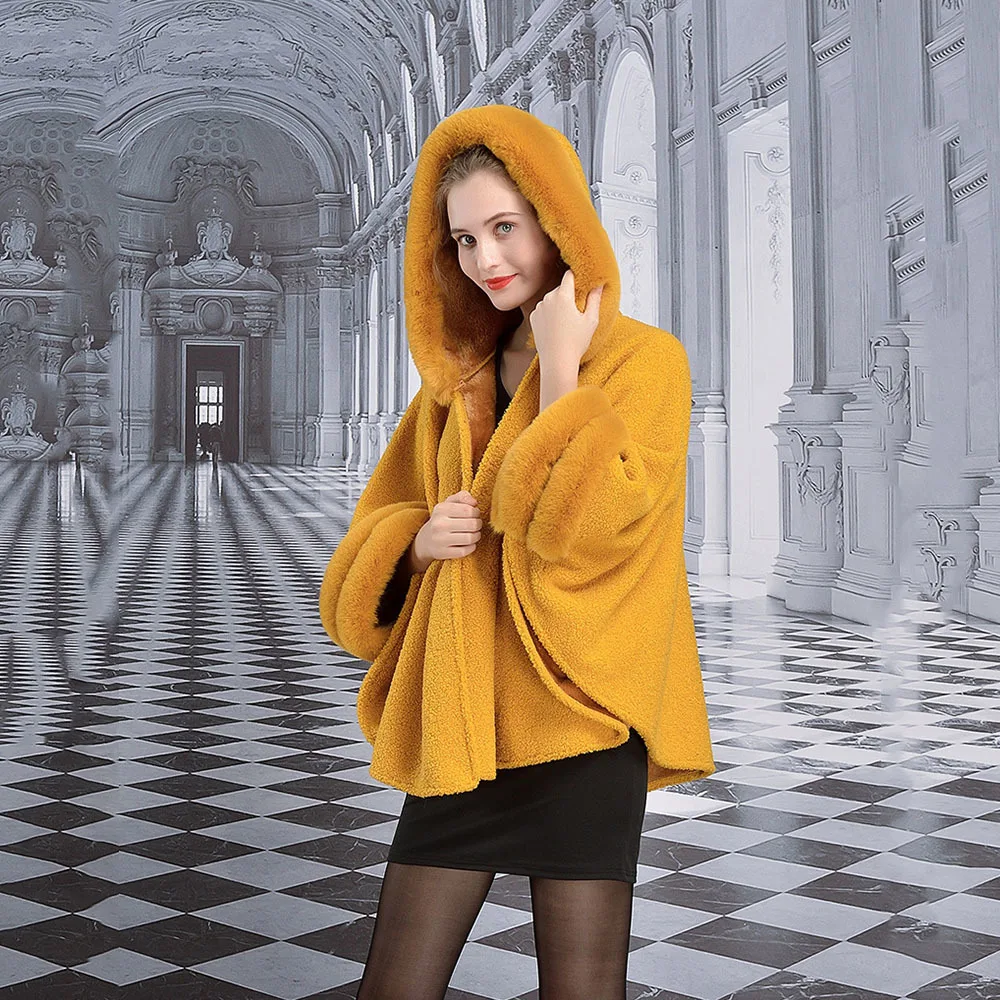 

New Winter Faux Lambwool Cape Coats Women Fashion Imitation Rex Rabbit Fur Collar Warm Shawl Elegant Ladies Party Cloak Overcoat