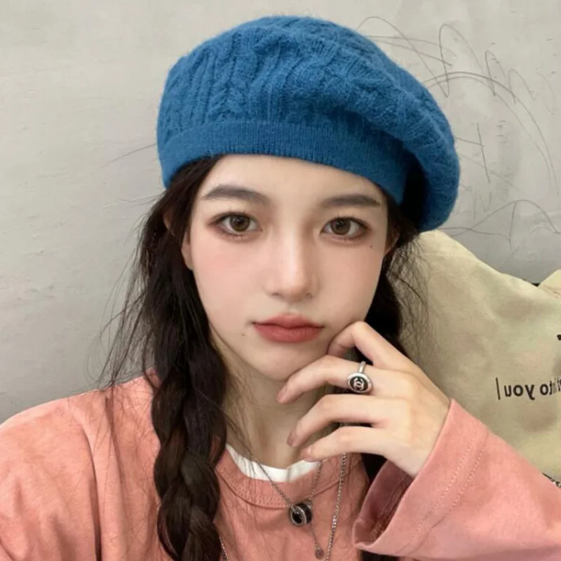 

Korean Version of Ins Knitted Twist Pattern Beret Women Japanese Solid Color Retro Painter Hat Fashion Wild Wool Cap