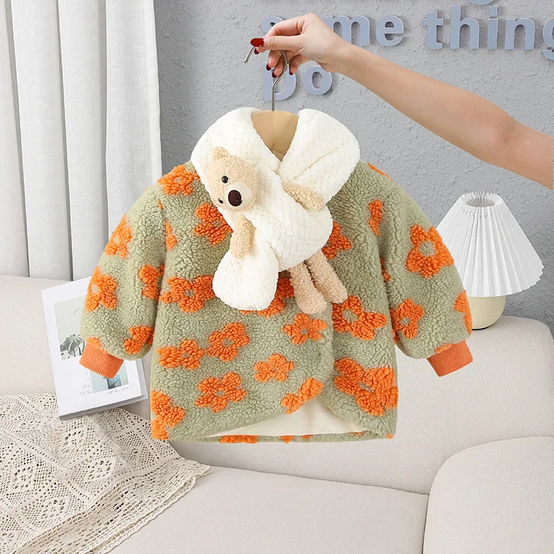 

Winter 2022 New Girls' Jacket Warm Lamb Fleece Children's Long Sleeve Sweater Coat