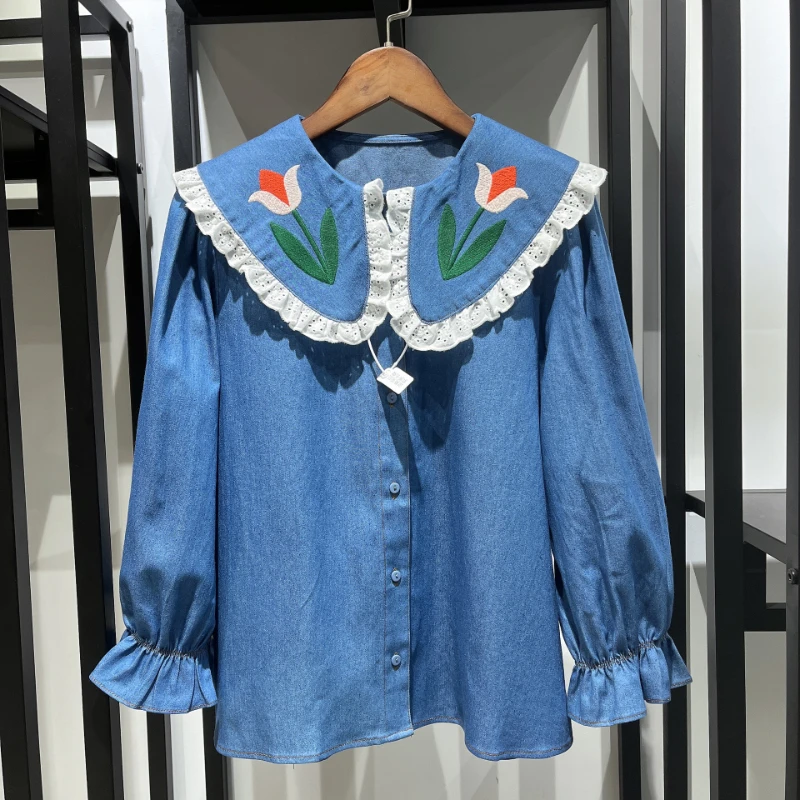 

Rix* Spring Summer Women Tulip Embroidery Denim Blouses Flare Long Sleeve Casual Peter Pan Collar Button Shirt Party Blouse Tops