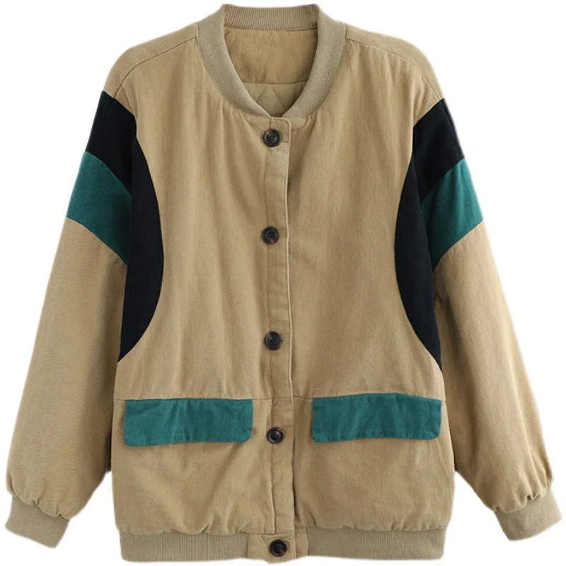 Retro twill brushed winter new  women's color-blocking wide padded jacket  clothing  coat women  Cotton  Solid  Winter