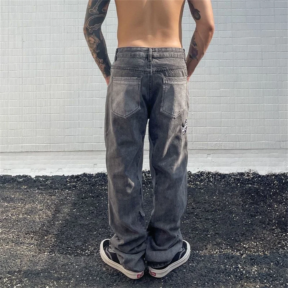 European and American Letter Embroidered Jeans Men's High Street Loose Straight Pants Street Y2K Retro Joker Casual Denim Pants