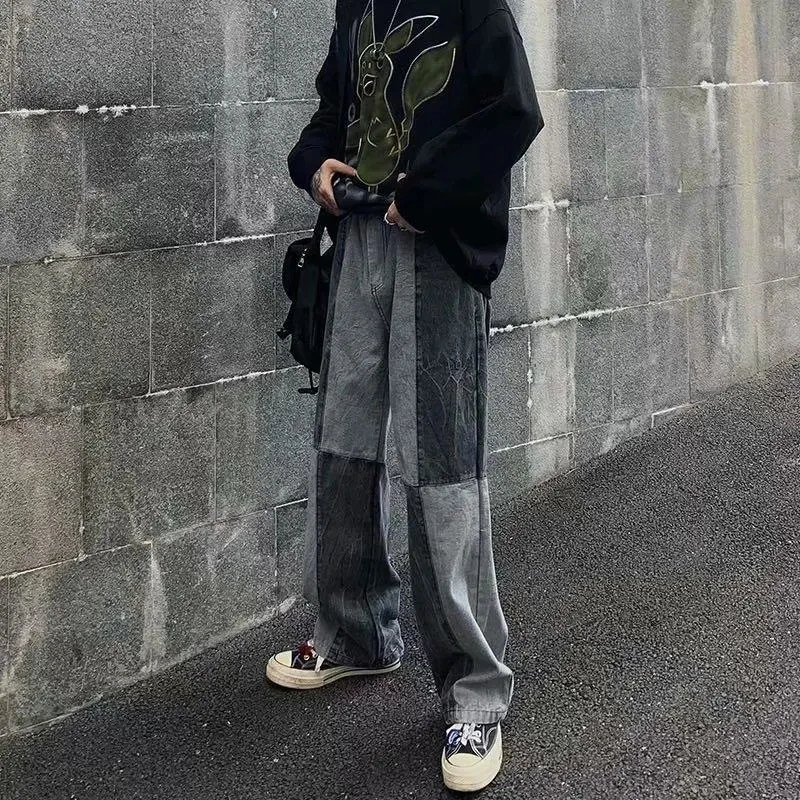 High Street Men's Jeans Spring Summer Vintage Patchwork Japanese Streetwear Casual Straight Loose Trouser Male Wide Leg Pants