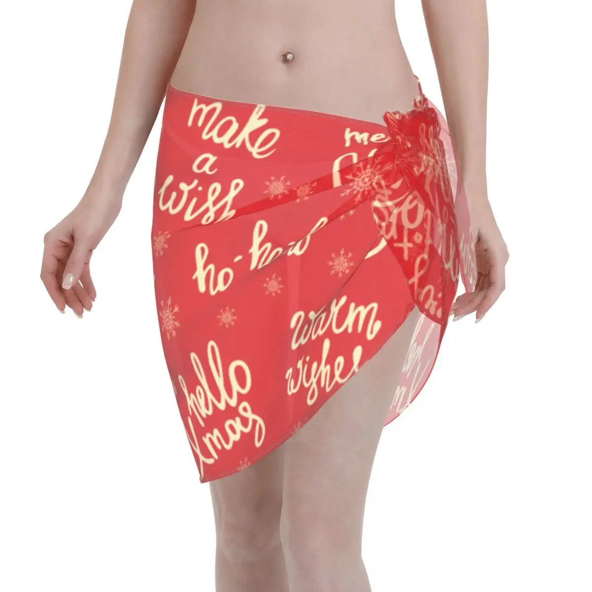 

Sexy Women New Year Snowflake Perspective Pareo Swimwear Cover Ups Red Merry Christmas Bikini Cover-Up Sarong Short Skirt
