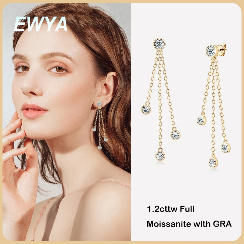 

EWYA Trendy 1.2cttw D Color Full Moissanite Diamond Drop Earrings for Women Girls S925 Silver Long Tassel Dangle Earring Gift