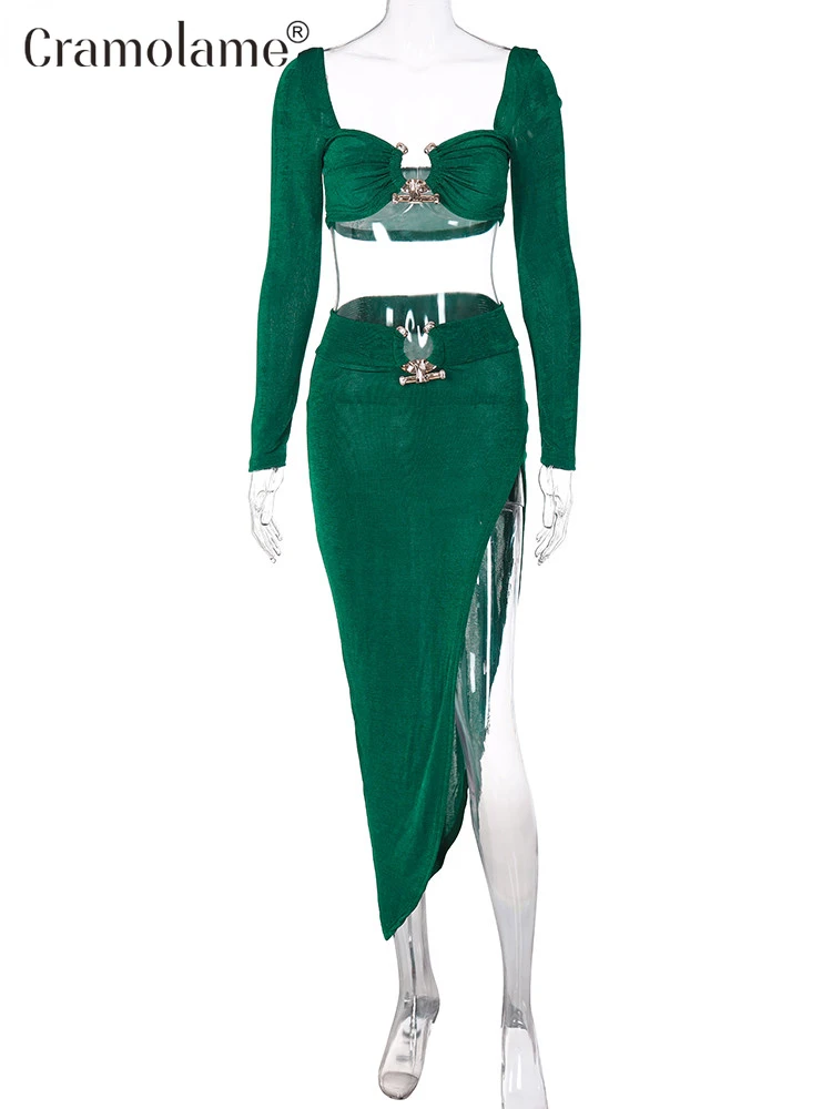 2 Two Piece Sets Outfits Women Long Sleeve Crop Tops Slit Midi Skirt Suits 2022 Autumn Sexy Cut Out Party Club Long Dresses Set