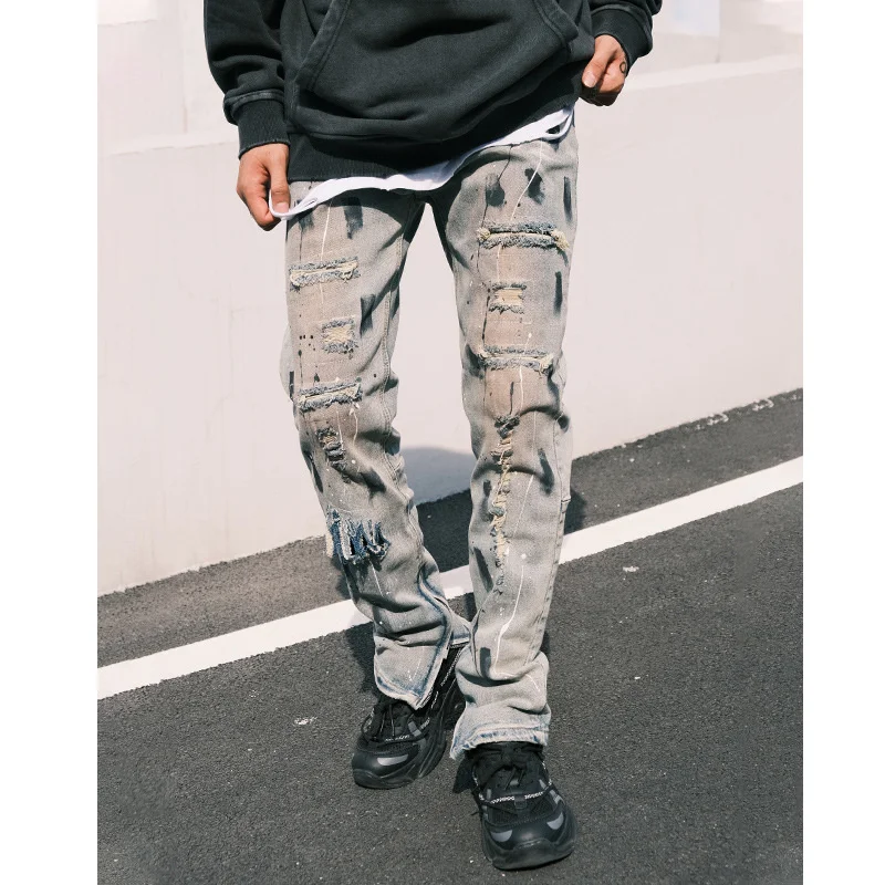 

Fashion Retro Men Low Rise Jeans High Street Distressed Straight Casual Trousers 2021 Autumn Ripped Baggy Denim Pants Men