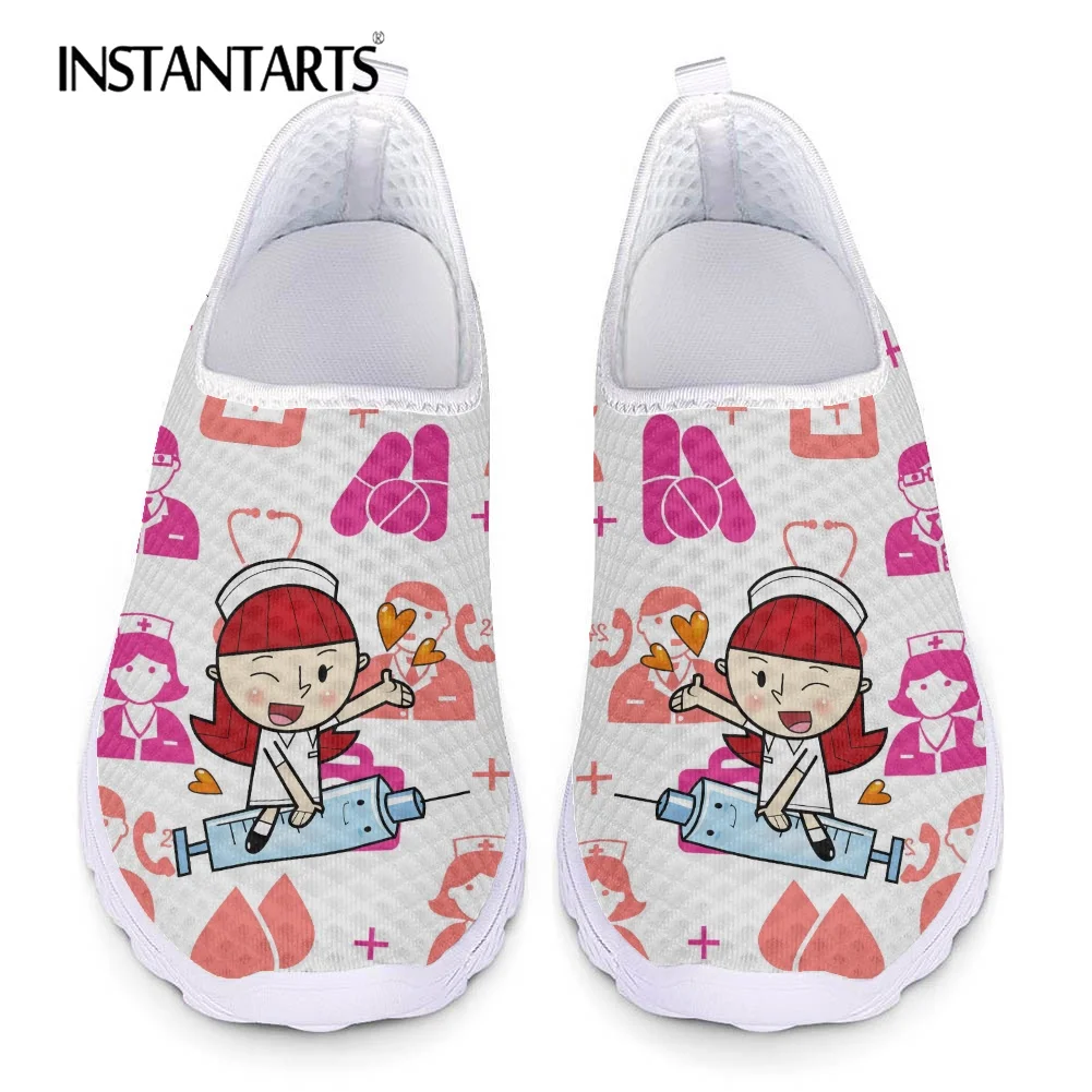 

INSTANTARTS Cute Nurse Medical Theme Design Comfortable Nursing Footwear Outdoor Zapatos Planos Soft Mesh Flats Slip On New 2022