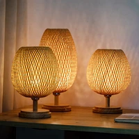 modern hand knitted weaving bamboo lampshades bedside table lamp for bedroom wooden home decor lighting fixtures