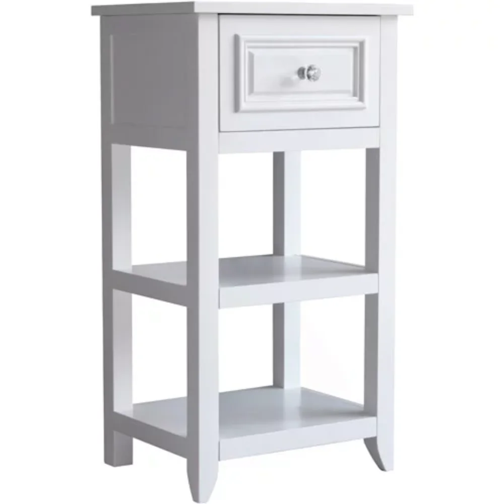 

Dawson Wooden Floor Cabinet with Cross Molding and Drawer, White Corner Shelf Household Items Bathroom Shelves