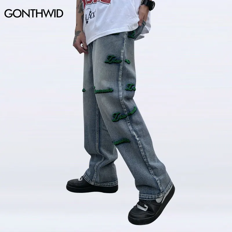 

Men Denim Jeans Streetwear Hip Hop Embroidered Letter Baggy Jeans 2022 Harajuku Vintage Fashion Casual Jean Trousers Blue