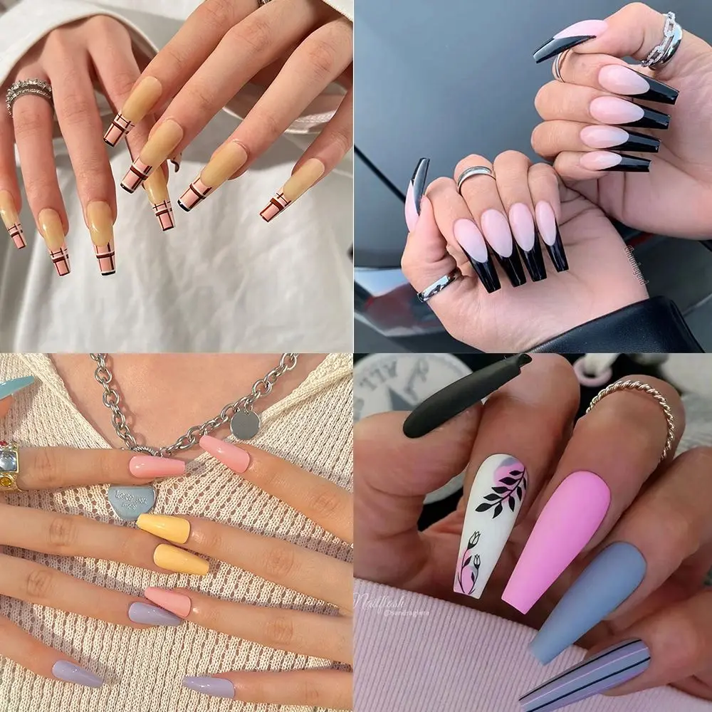 

On Nails Manicure Tool Full Cover Artificial Nail Tips Wearable Flower Rhinestone Coffin False Nails French Fake Nails