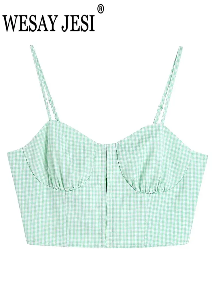 

WESAY JESI Popular High Street Fashion Slim Party Casual Lady Top Trend Fresh Plaid Print Elastic Front Button Women's Sling Top