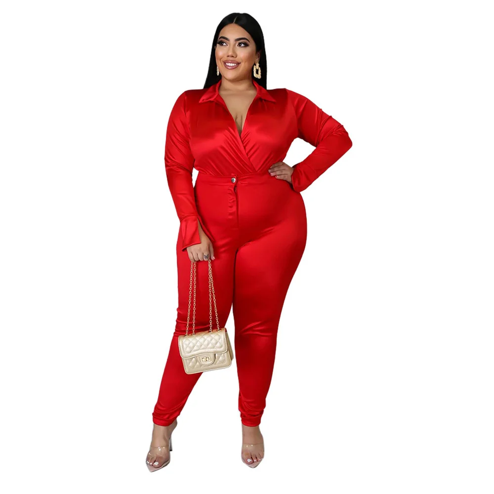 Plus Size Winter Bodysuits Sets Women Clothing Solid Color Long Sleeve v Neck Two Piece Pant Suits Whol 3xl 4xl 5xl 6xl
